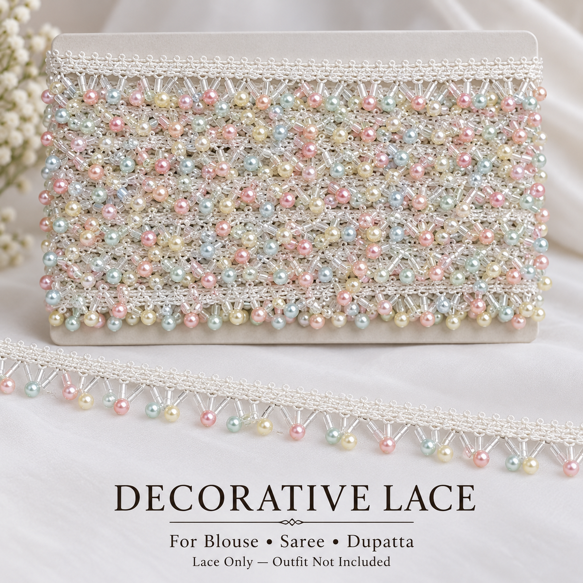White Lace Border with Pastel Multicolour Pearl-Style Hanging Beads for Saree, Blouse & Dupatta – 9 Meter