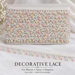 White Lace Border with Pastel Multicolour Pearl-Style Hanging Beads for Saree, Blouse & Dupatta – 9 Meter