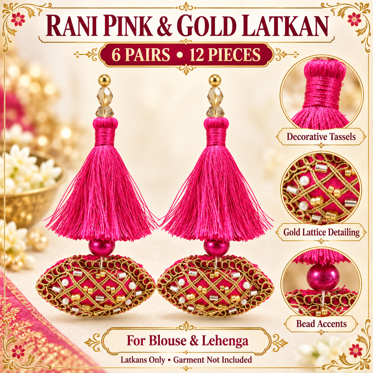 Rani Pink & Gold Decorative Tassel Latkan for Blouse & Lehenga – Pack of 12 Pieces, 6 Pairs