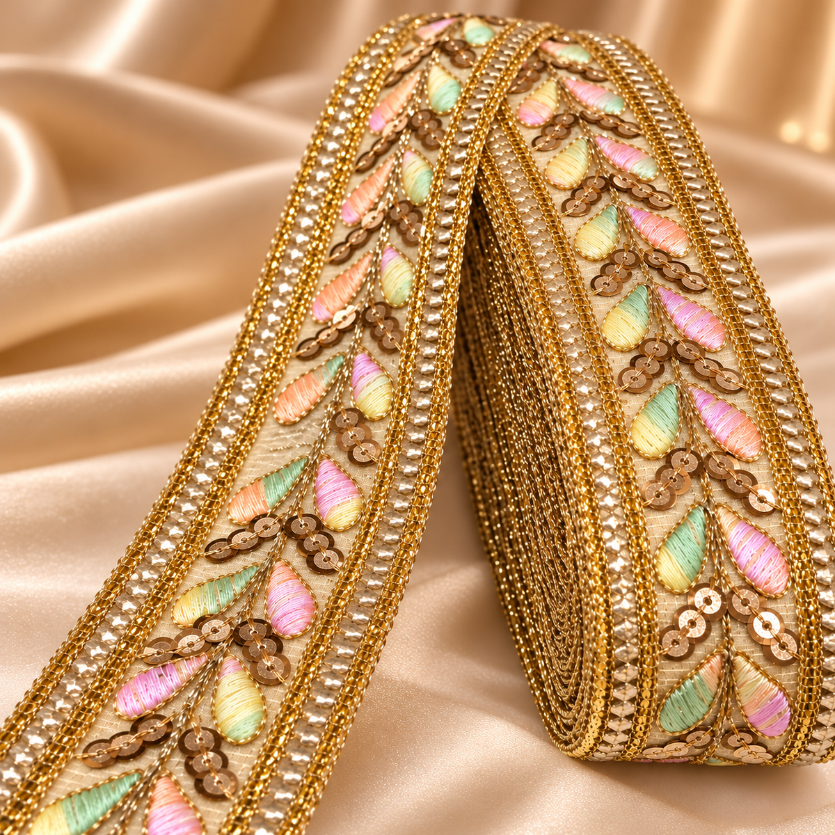 Premium Multicolour Floral Embroidered Golden Sequin Lace Border for Saree, Blouse, Dupatta, Lehenga & Kurti – 9 Meter