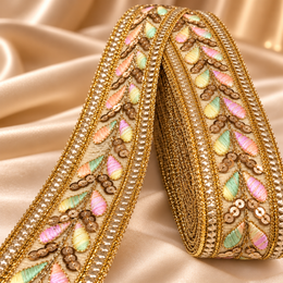 Premium Multicolour Floral Embroidered Golden Sequin Lace Border for Saree, Blouse, Dupatta, Lehenga & Kurti – 9 Meter