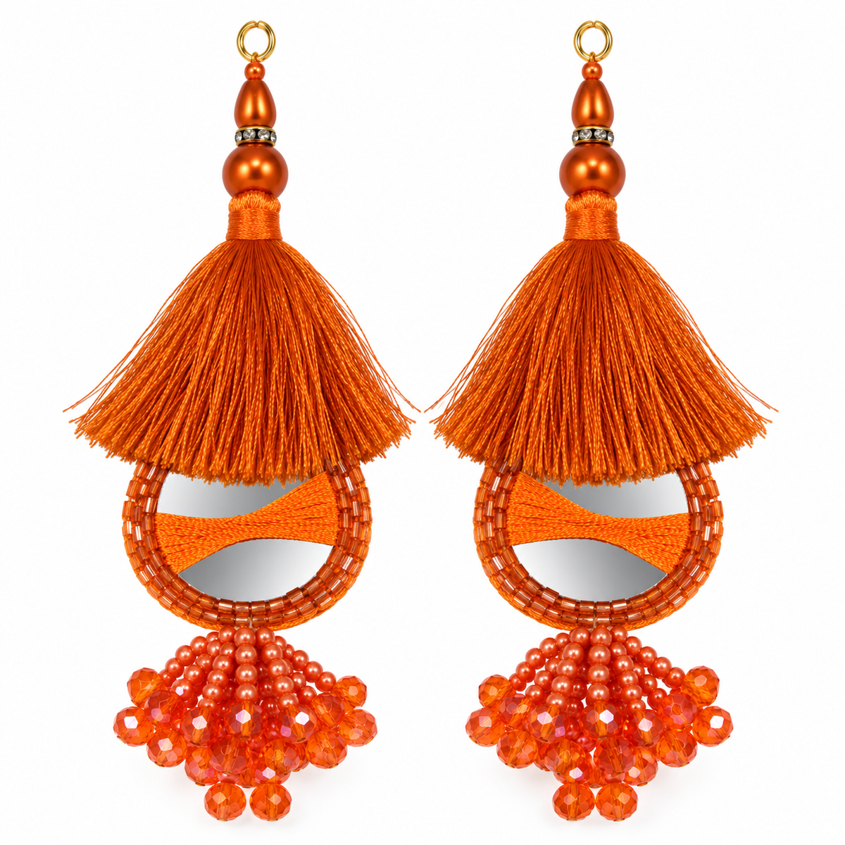 Orange Mirror Work Designer Latkan for Blouse & Lehenga Dori | Orange Silk Thread Tassel with Round Mirror, Pearl & Crystal Bead Hanging | Pack of 12 Pieces (6 Pairs)