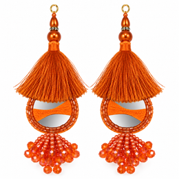 Orange Mirror Work Designer Latkan for Blouse & Lehenga Dori | Orange Silk Thread Tassel with Round Mirror, Pearl & Crystal Bead Hanging | Pack of 12 Pieces (6 Pairs)