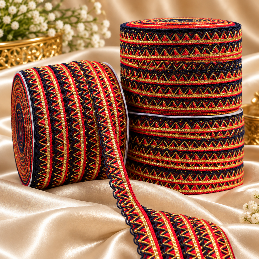Red Navy Blue Golden Designer Zigzag Lace Border for Saree, Blouse, Dupatta & Lehenga | Decorative Ethnic Lace Trim | Pack of 3 Rolls – 18 Meter