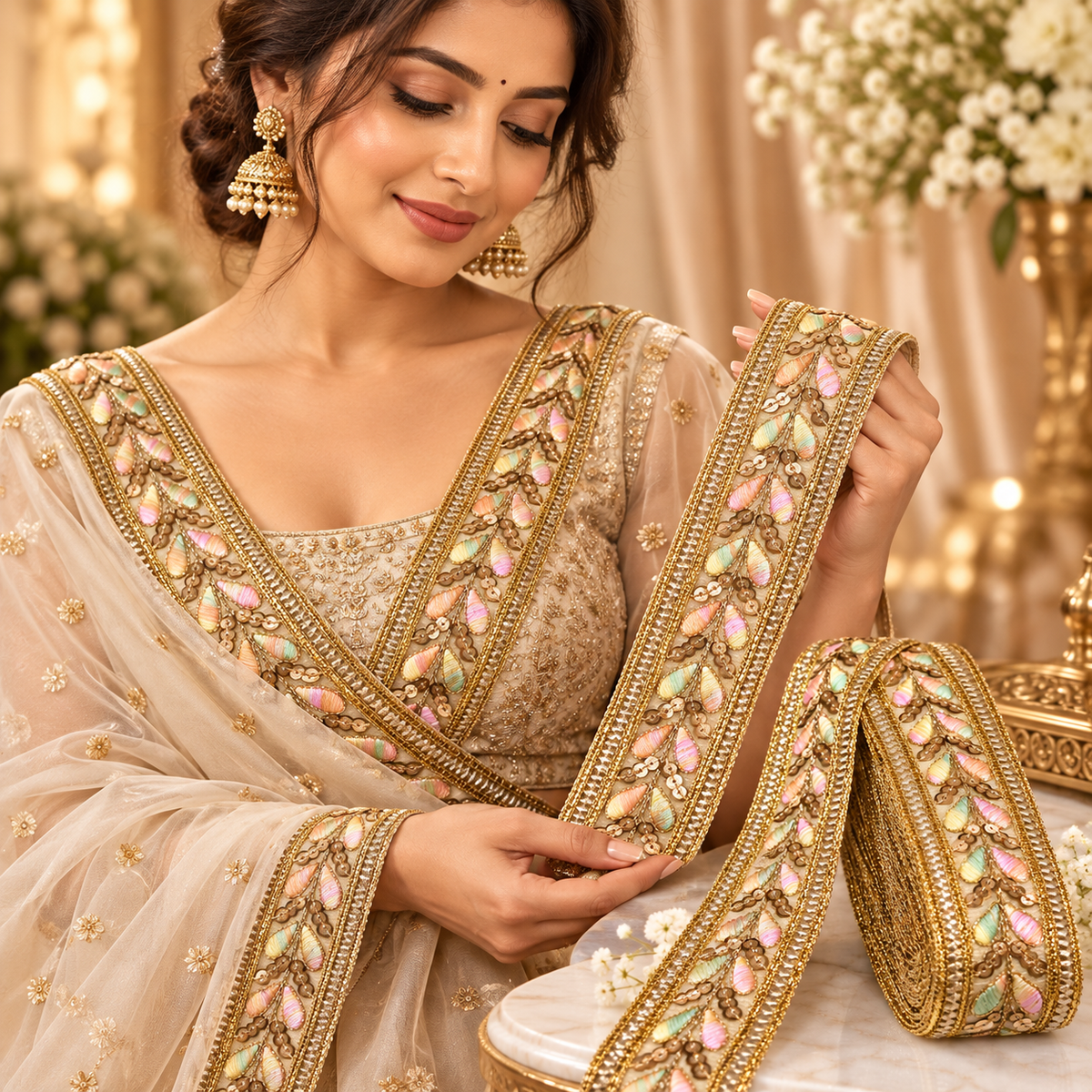 Premium Multicolour Floral Embroidered Golden Sequin Lace Border for Saree, Blouse, Dupatta, Lehenga & Kurti – 9 Meter