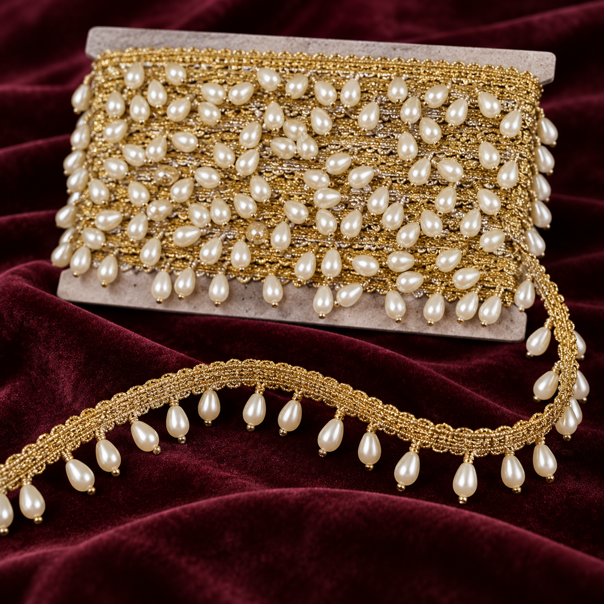 Premium Gold & White Pearl Teardrop Hanging Lace Border – 9 Meter | Designer Pearl Latkan Lace for Saree, Blouse, Dupatta & Lehenga