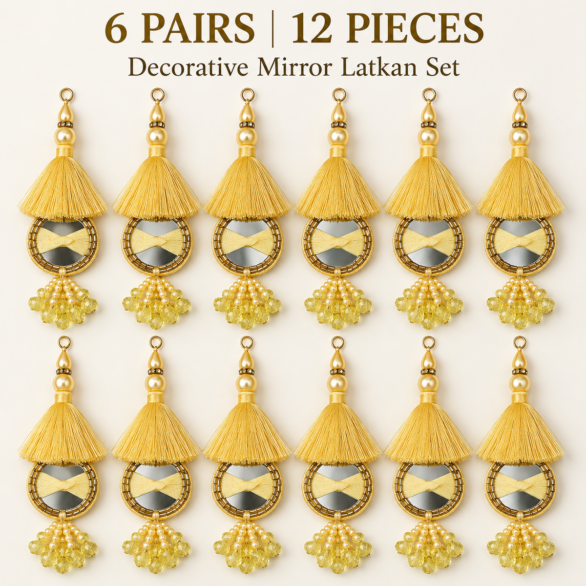 Golden Yellow Mirror Work Designer Latkan for Blouse & Lehenga Dori | Silk Thread Tassels with Round Mirror, Pearl & Crystal Bead Hanging | Pack of 12 Pieces (6 Pairs)