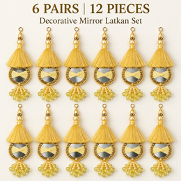 Golden Yellow Mirror Work Designer Latkan for Blouse & Lehenga Dori | Silk Thread Tassels with Round Mirror, Pearl & Crystal Bead Hanging | Pack of 12 Pieces (6 Pairs)