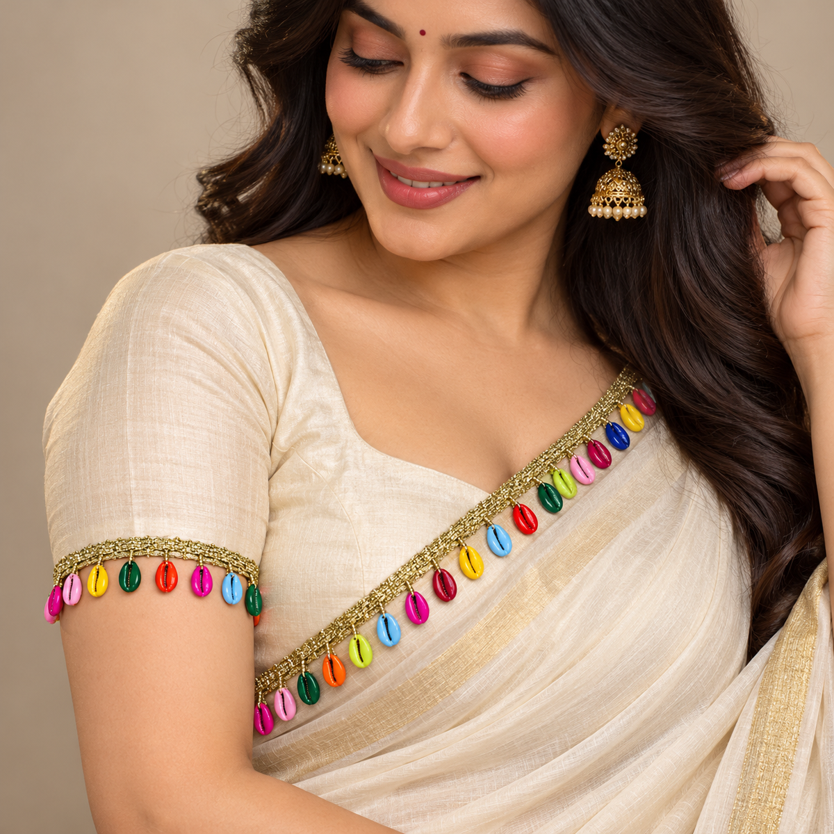 Multicolour Cowrie Shell Hanging Lace with Golden Border for Saree, Blouse & Dupatta – 7 Meter