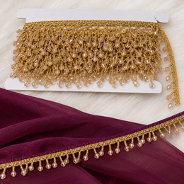 Premium Champagne Gold Oval Crystal Beaded Hanging Lace Border – 9 Meter | Designer Golden Fringe Lace for Saree, Dupatta, Blouse & Lehenga