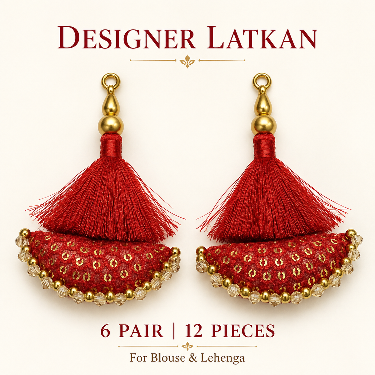 Red Designer Blouse Latkan with Silk Thread Tassels, Gold Sequins & Bead Work | Lehenga Dori Hanging Tassels – 6 Pair (12 Pieces)