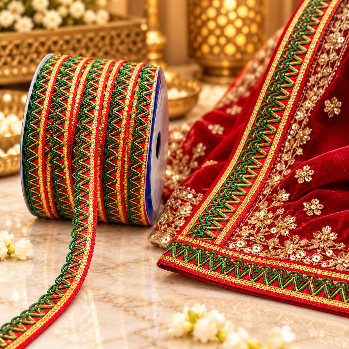 Red Green Golden Designer Zigzag Lace Border | 18 Meter | Pack of 3 Rolls | Decorative Lace Trim for Saree, Blouse, Dupatta, Lehenga & Ethnic Wear