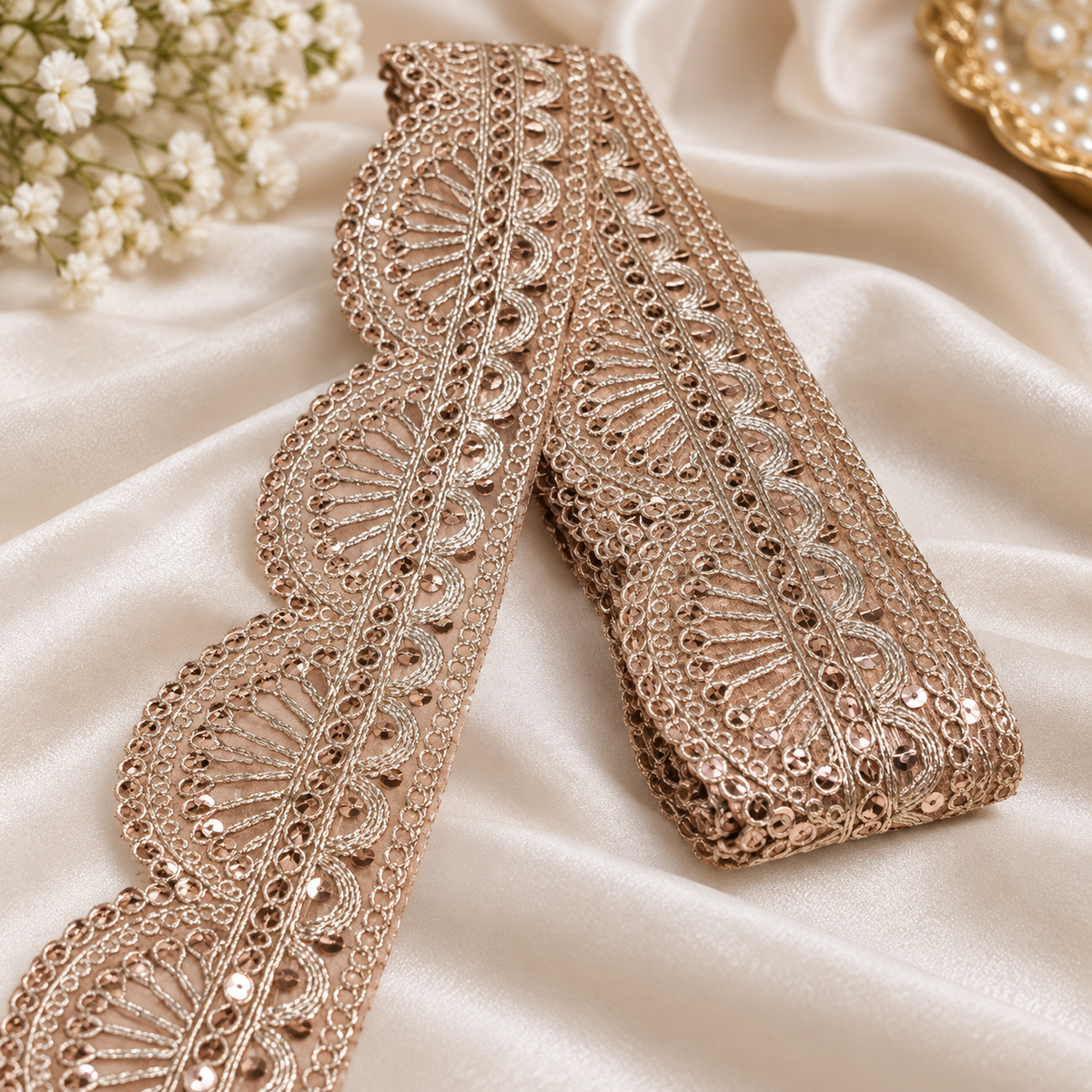 Premium Rose Gold Sequin Embroidered Scallop Lace Border for Saree, Blouse, Dupatta, Lehenga & Kurti – Designer Lace Trim