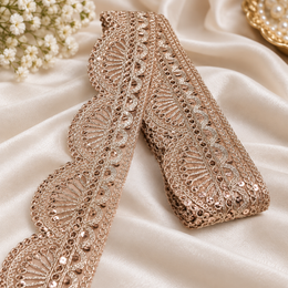 Premium Rose Gold Sequin Embroidered Scallop Lace Border for Saree, Blouse, Dupatta, Lehenga & Kurti – Designer Lace Trim