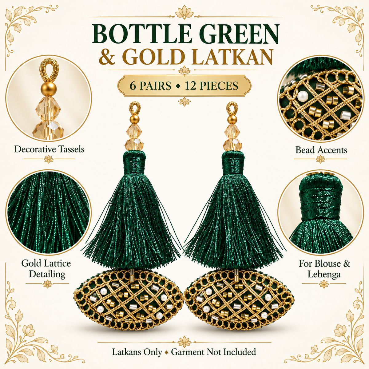 Bottle Green & Gold Decorative Tassel Latkan for Blouse & Lehenga – Pack of 12 Pieces, 6 Pairs