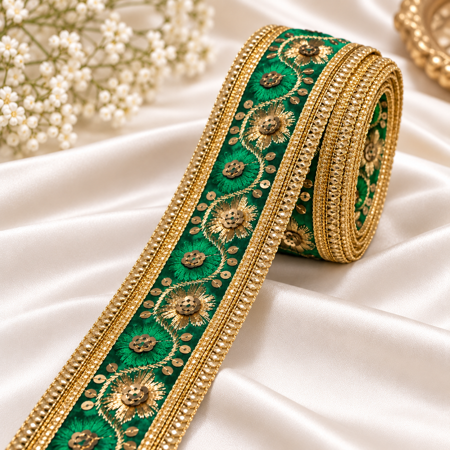 Premium Green & Gold Floral Embroidery Designer Lace Border with Sequin Work for Saree, Blouse, Lehenga, Dupatta & Bridal Wear – 9 Meter Roll