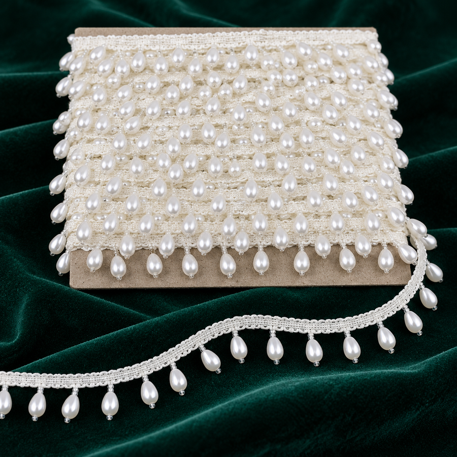 Premium White Pearl Drop Hanging Lace Border for Saree, Blouse, Dupatta,  9 Meter Lehenga & Dress Decoration | Designer Moti Latkan Lace