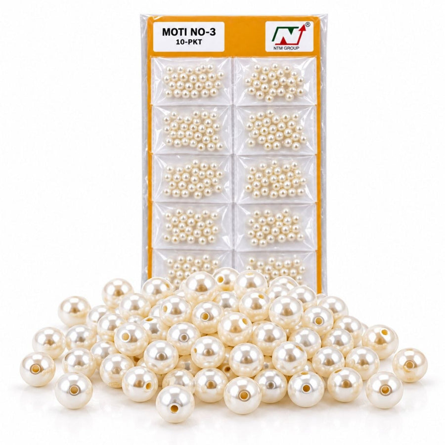 Moti No. 3 White Pearl Beads for Blouse, Latkan, Embroidery & Craft – Pack of 10 Packets