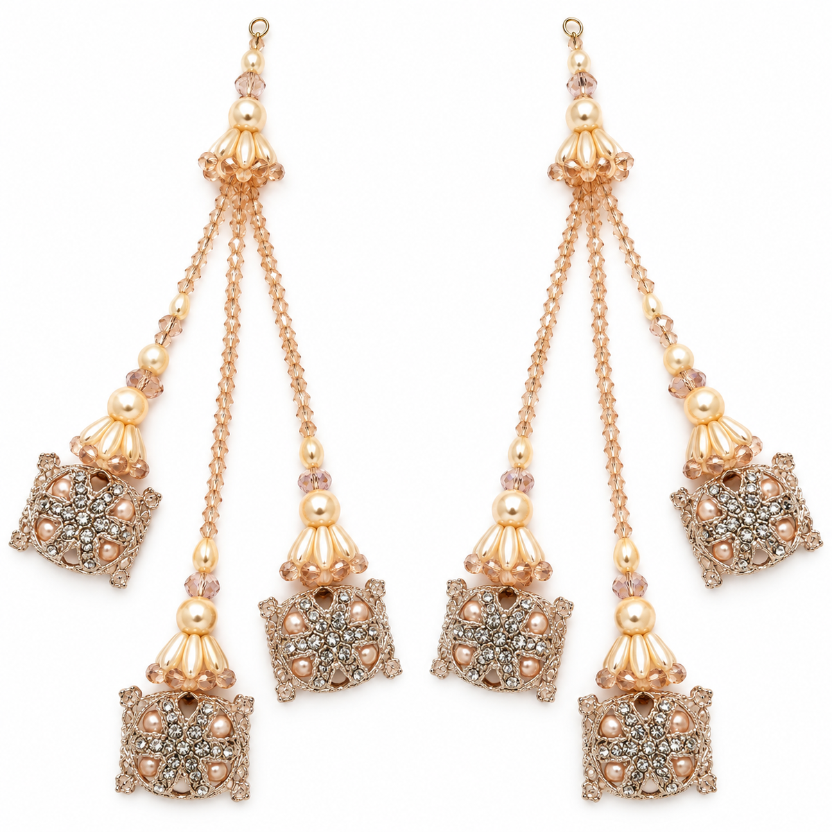 Champagne Peach Pearl & Crystal Designer Latkan for Bridal Blouse & Lehenga Dori | 3 Strand Hanging Jhumka Tassels with Pearl & Stone Work | Pack of 6 Pieces (3 Pairs)