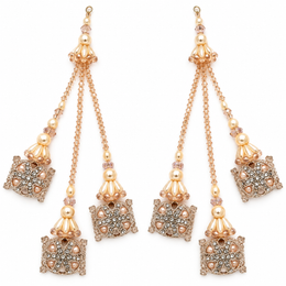Champagne Peach Pearl & Crystal Designer Latkan for Bridal Blouse & Lehenga Dori | 3 Strand Hanging Jhumka Tassels with Pearl & Stone Work | Pack of 6 Pieces (3 Pairs)