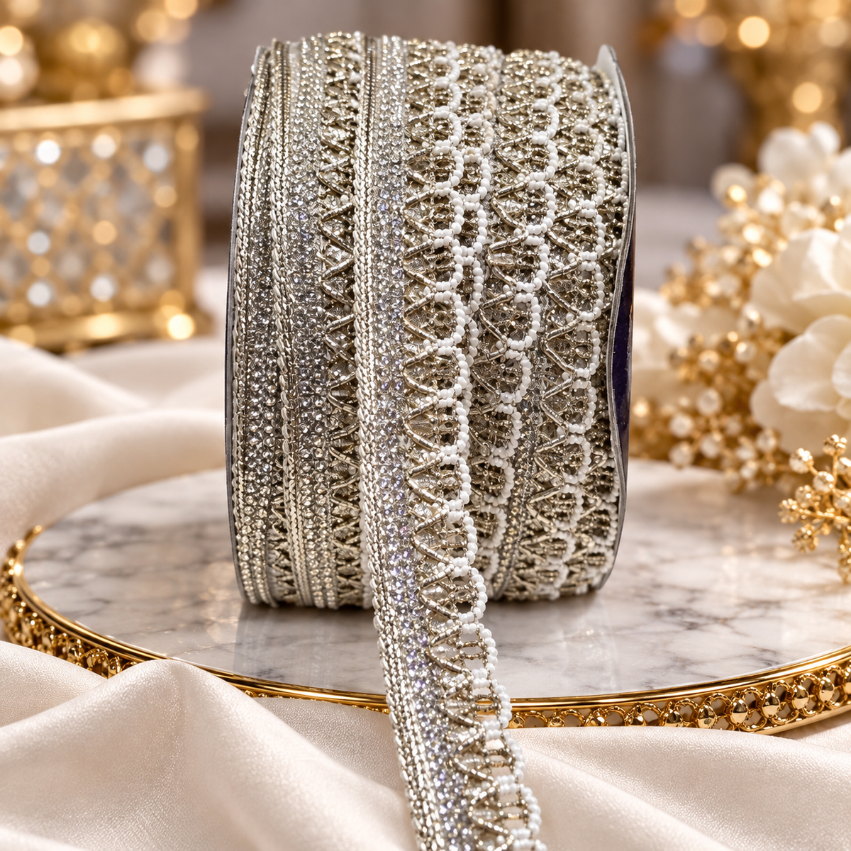 Premium Silver & White Designer Lace Border with Pearl Style Detailing for Saree, Blouse, Dupatta, Lehenga & Bridal Wear | Pack of 3 Rolls – 18 Meter