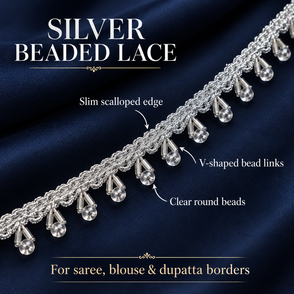 Premium Silver Crystal Round Bead Hanging Lace Border  9 Meter Designer Beaded Fringe Lace Trim