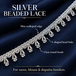 Premium Silver Crystal Round Bead Hanging Lace Border  9 Meter Designer Beaded Fringe Lace Trim