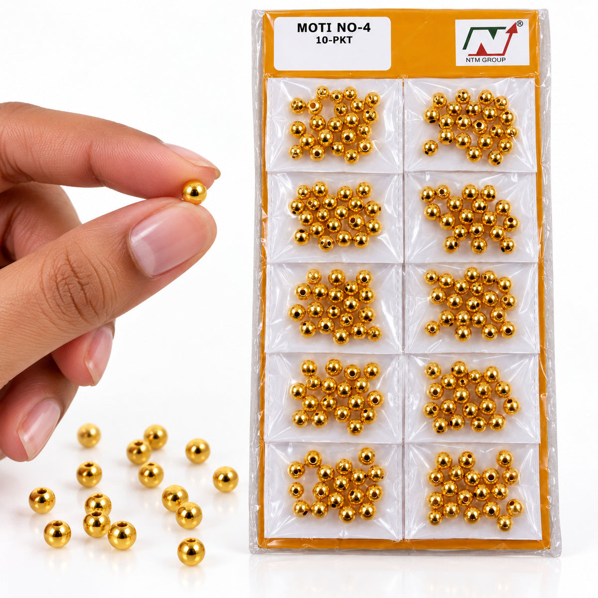 Golden Moti No. 4 Round Decorative Beads for Blouse, Saree, Lehenga, Latkan & Craft Work | Pack of 10 Packets