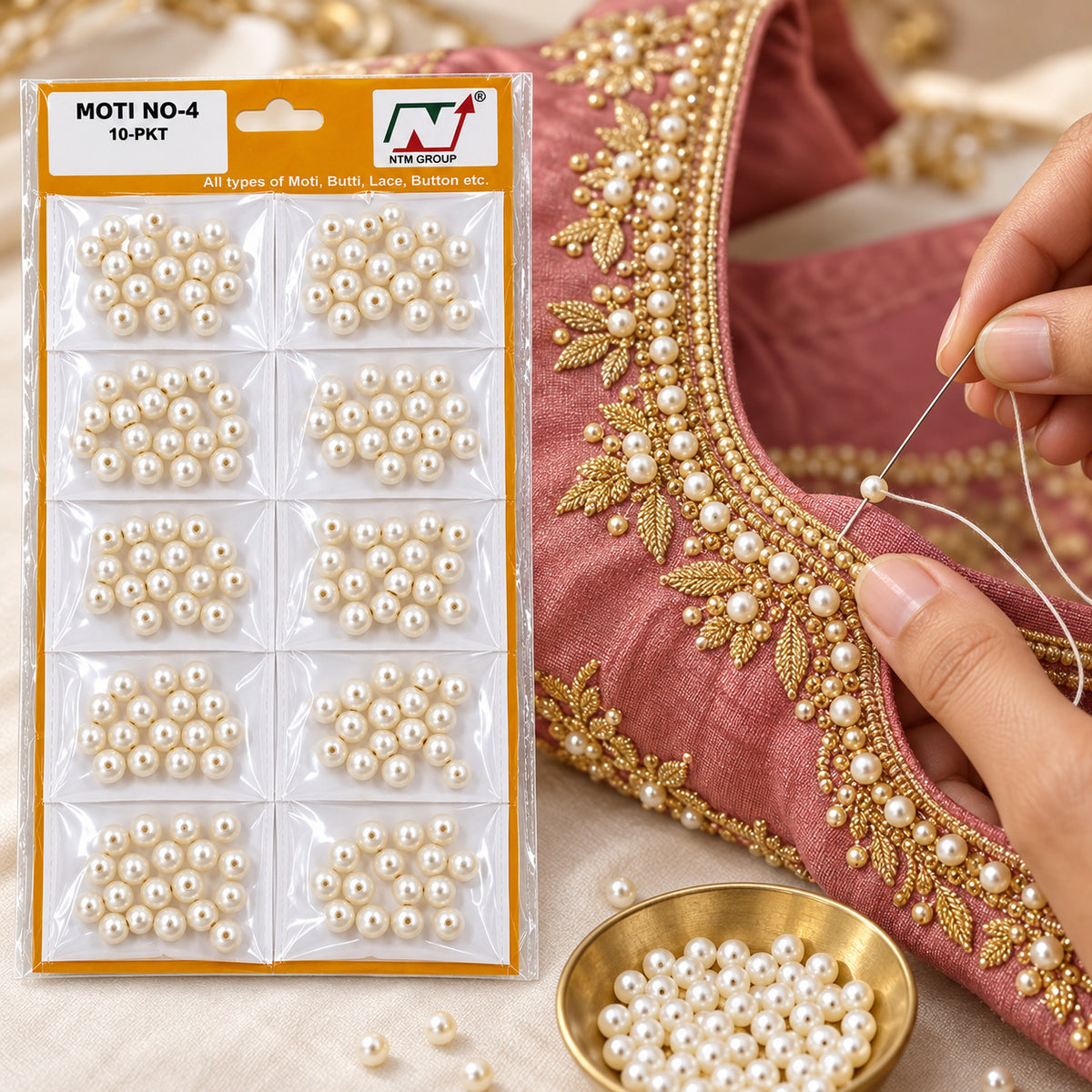 Cream Pearl Moti Beads No. 4 for Blouse, Saree, Lehenga, Jewellery & Craft Work | 10 Packet Pack