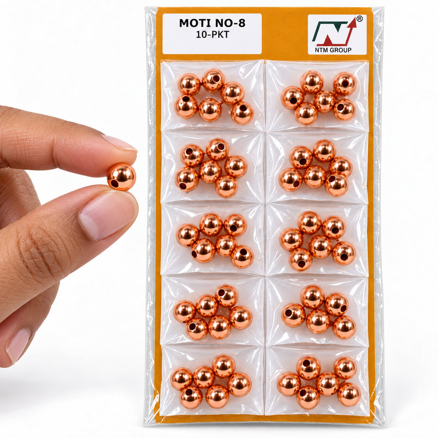 Copper Moti No. 8 Decorative Beads for Blouse, Saree, Lehenga & Latkan Work – 10 Packet Card