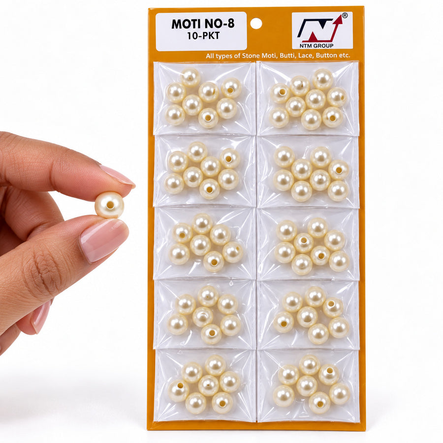 White Pearl Moti No. 8 for Blouse, Saree, Lehenga & Craft Work – Pack of 10 Packets