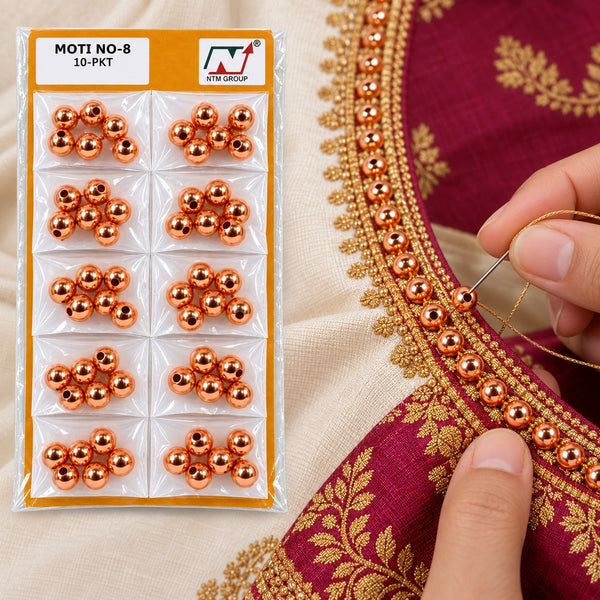 Copper Moti No. 8 Decorative Beads for Blouse, Saree, Lehenga & Latkan Work – 10 Packet Card