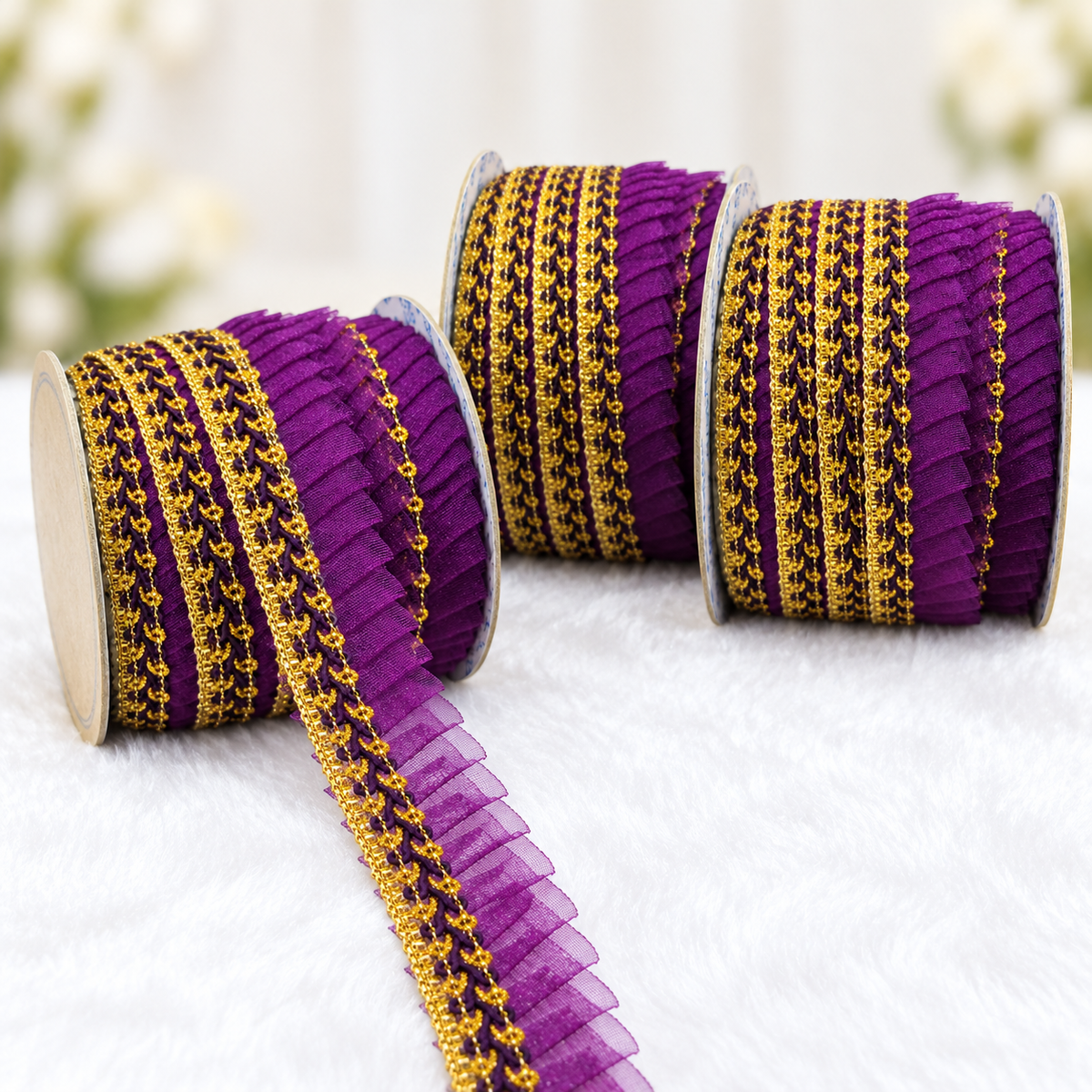 Purple & Gold Pleated Frill Lace Border for Saree, Blouse & Dupatta – Pack of 3 Rolls
