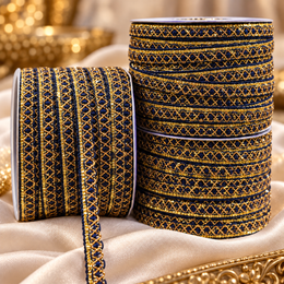 Premium Navy Blue Golden Designer Cross Pattern Lace Border for Saree, Blouse, Dupatta & Lehenga | Decorative Ethnic Lace Trim | Pack of 3 Rolls – 18 Meter