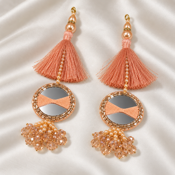 Orange Peach Mirror Work Designer Latkan for Blouse & Lehenga Dori | Silk Thread Tassel with Round Mirror, Pearl & Crystal Bead Hanging | Pack of 12 Pieces (6 Pairs)