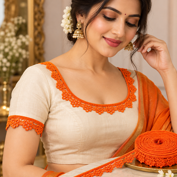 Decorative Lace Orange Colour 18 Meter Floral Edge Lace for Blouse Saree and Craft
