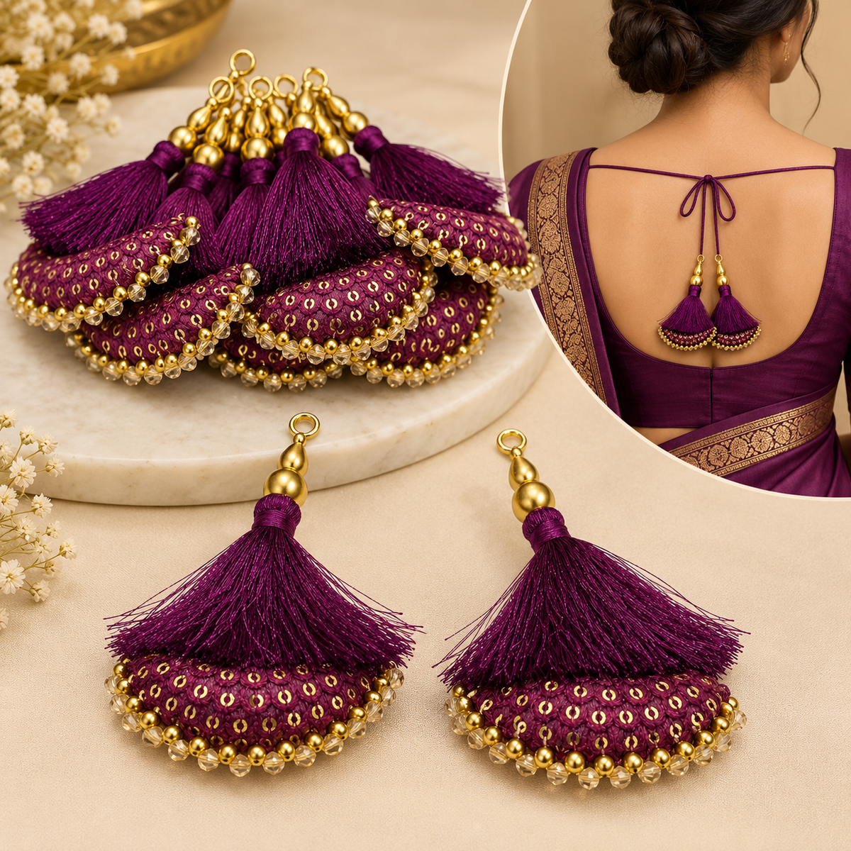 Designer Wine Purple Blouse & Lehenga Latkan with Golden Beads and Sequins – Pack of 12 Pieces (6 Pairs)