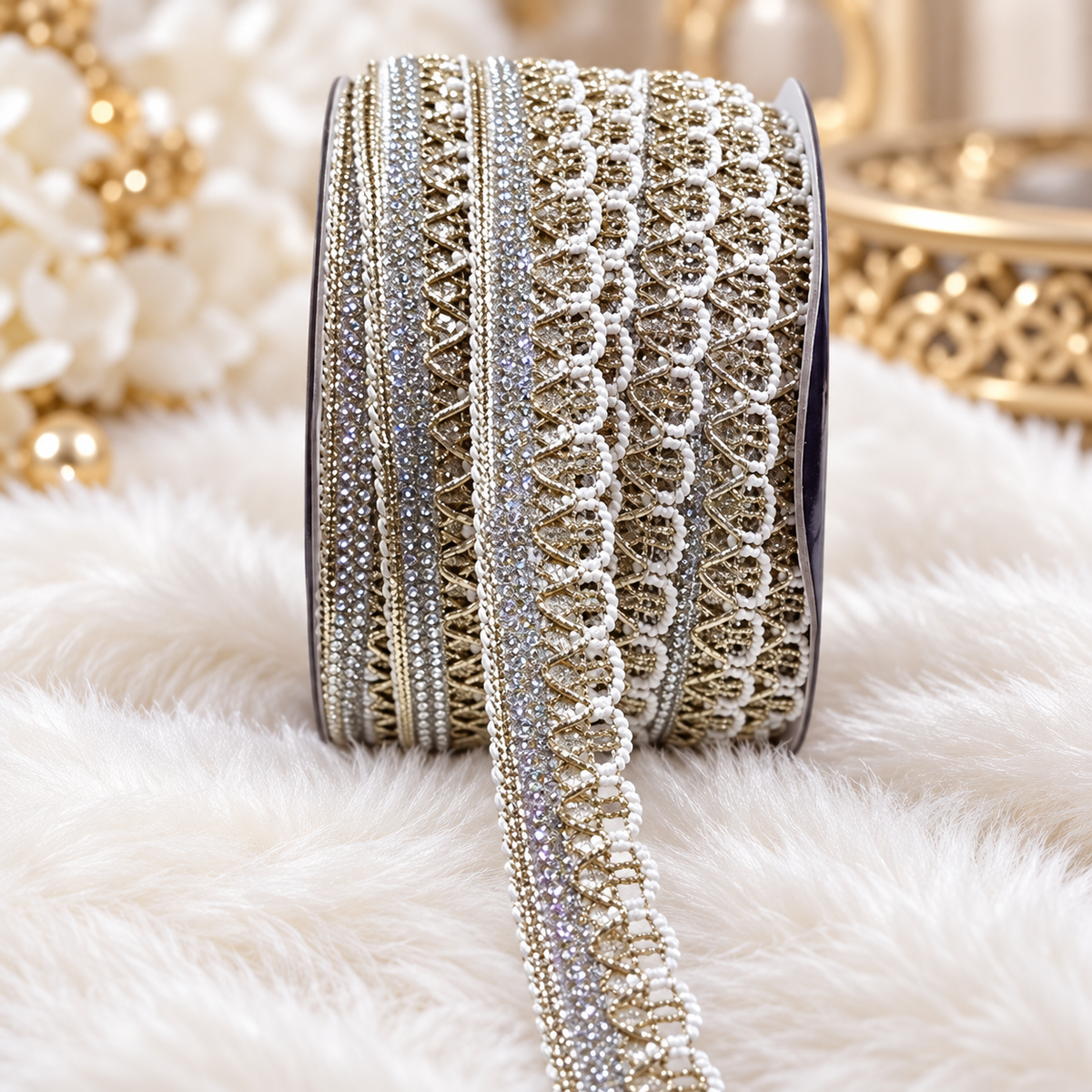 Premium Silver & White Designer Lace Border with Pearl Style Detailing for Saree, Blouse, Dupatta, Lehenga & Bridal Wear | Pack of 3 Rolls – 18 Meter
