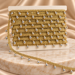 Premium Gold & Silver Teardrop Hanging Lace Border – 9 Meter | Designer Metallic Moti Latkan Lace for Saree, Blouse, Dupatta & Lehenga