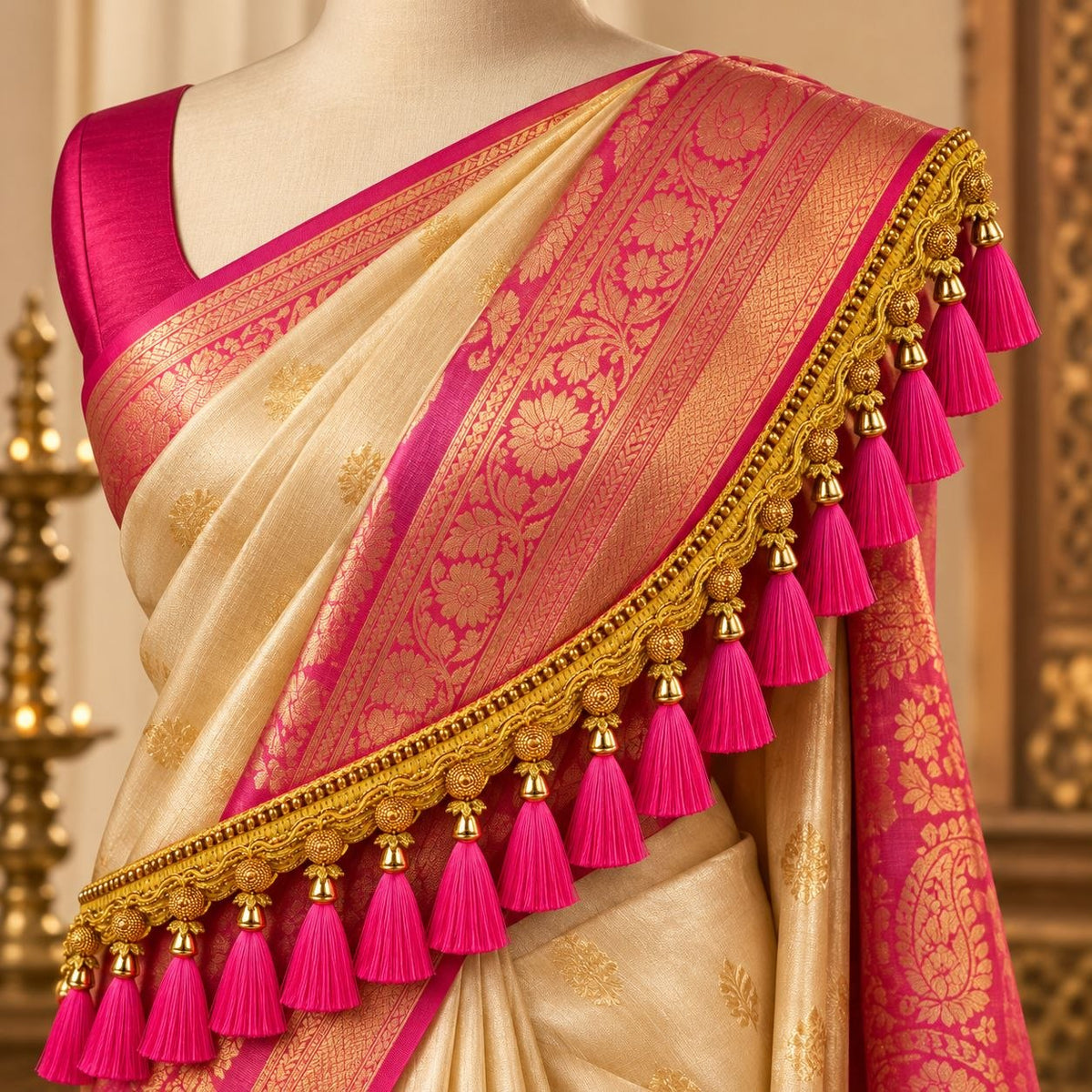 Premium Golden Saree Pallu Latkan Lace with Rani Pink Tassels – 1.25 Metre Designer Decorative Border