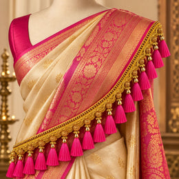 Premium Golden Saree Pallu Latkan Lace with Rani Pink Tassels – 1.25 Metre Designer Decorative Border