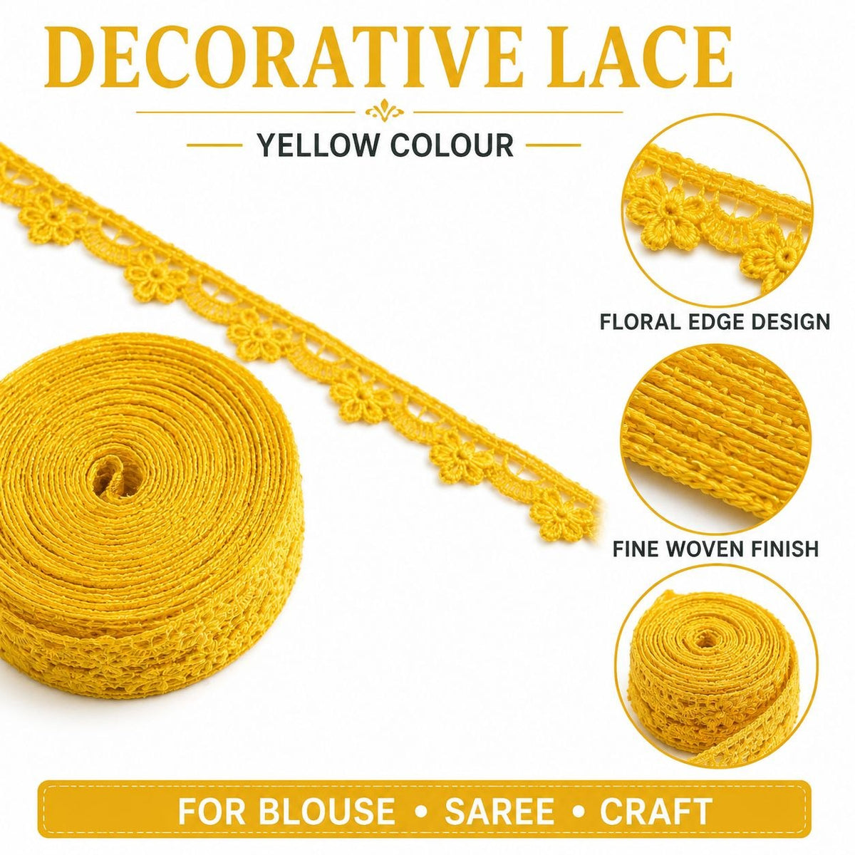 Yellow Decorative Floral Edge Lace Trim for Blouse, Saree & Craft – 18 Meter