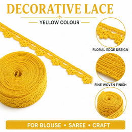 Yellow Decorative Floral Edge Lace Trim for Blouse, Saree & Craft – 18 Meter