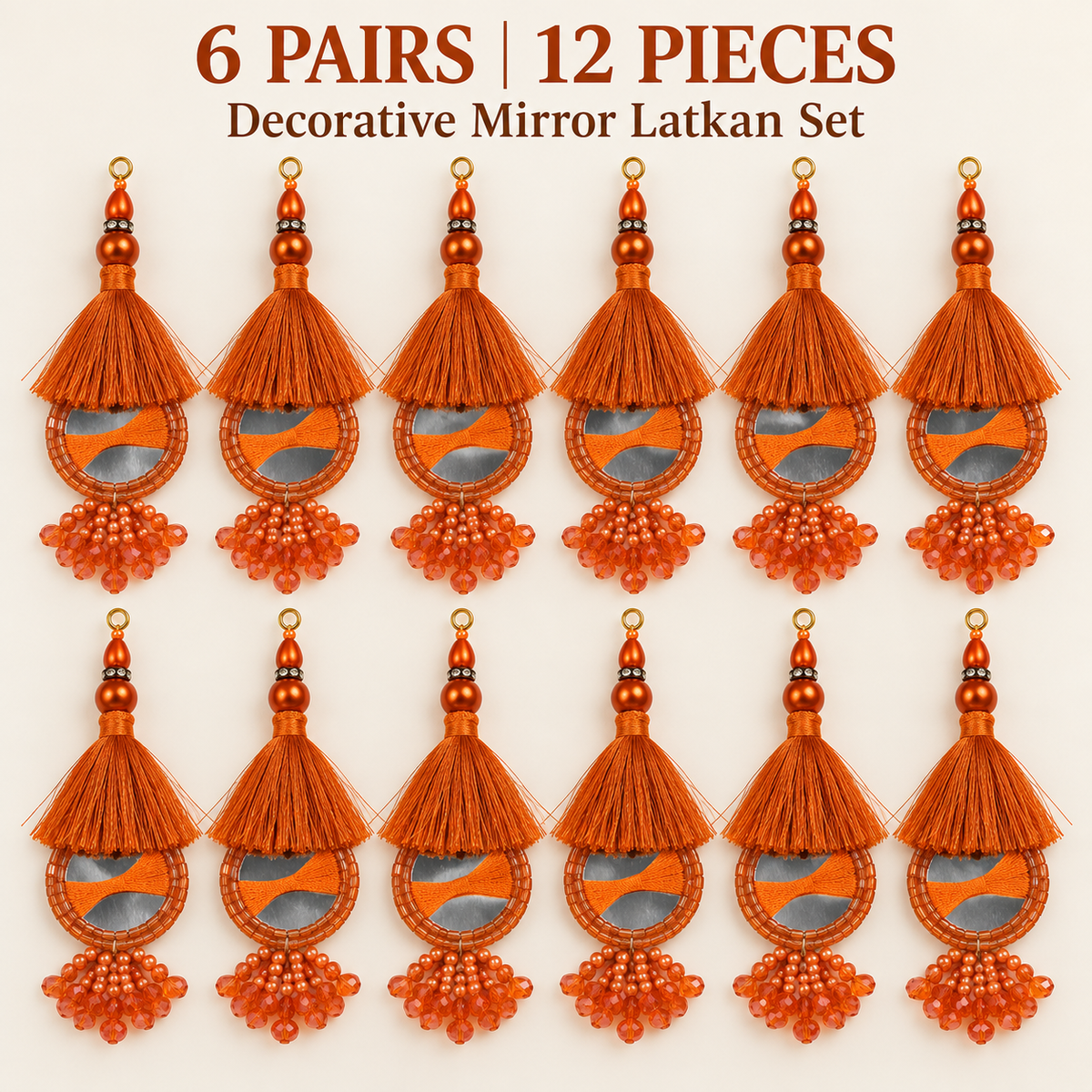 Orange Mirror Work Designer Latkan for Blouse & Lehenga Dori | Orange Silk Thread Tassel with Round Mirror, Pearl & Crystal Bead Hanging | Pack of 12 Pieces (6 Pairs)