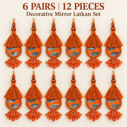 Orange Mirror Work Designer Latkan for Blouse & Lehenga Dori | Orange Silk Thread Tassel with Round Mirror, Pearl & Crystal Bead Hanging | Pack of 12 Pieces (6 Pairs)