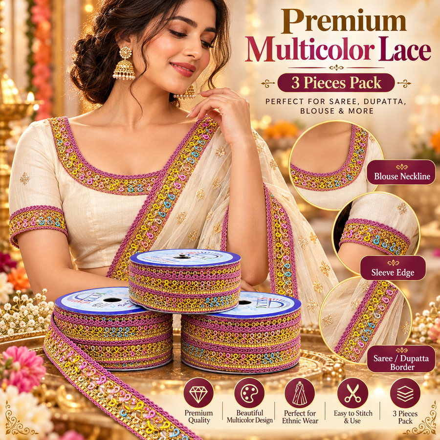 Premium Multicolor Golden Embroidered Decorative Lace Trim for Saree, Blouse, Dupatta, Lehenga & Kurti Border – Pink Multicolor Pack of 3 Rolls