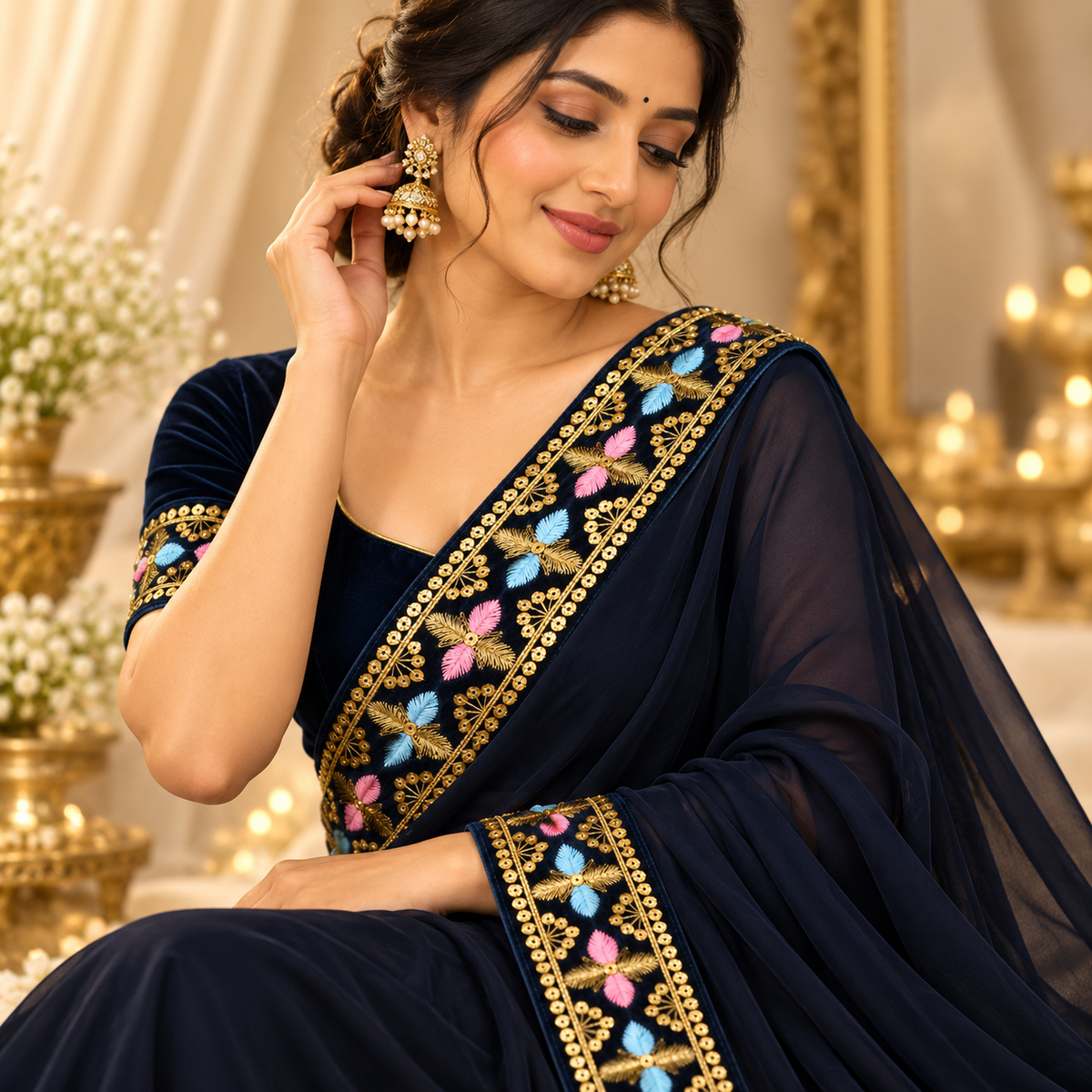 Premium Navy Blue Floral Embroidered Lace Border with Golden Zari & Sequin Work for Saree, Blouse, Dupatta, Lehenga & Kurti – 9 Meter