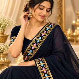 Premium Navy Blue Floral Embroidered Lace Border with Golden Zari & Sequin Work for Saree, Blouse, Dupatta, Lehenga & Kurti – 9 Meter