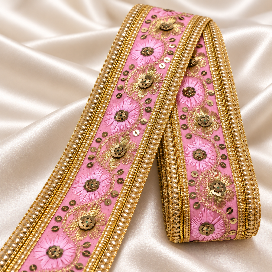 Premium Pink & Gold Floral Embroidery Lace Border with Golden Sequin Work for Saree, Lehenga, Blouse, Dupatta & Bridal Wear – 9 Meter